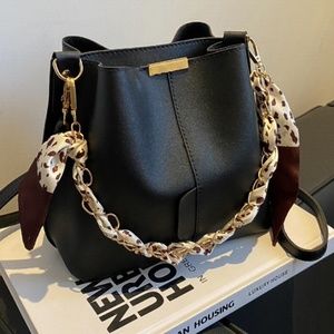 Boho Black Vegan Leather Scarf Detail Crossbody Bag